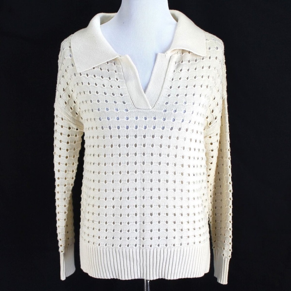 Joie Sweater Womens Sz S Ivory Open Knit Collared V Neck Pullover Cotton Blend